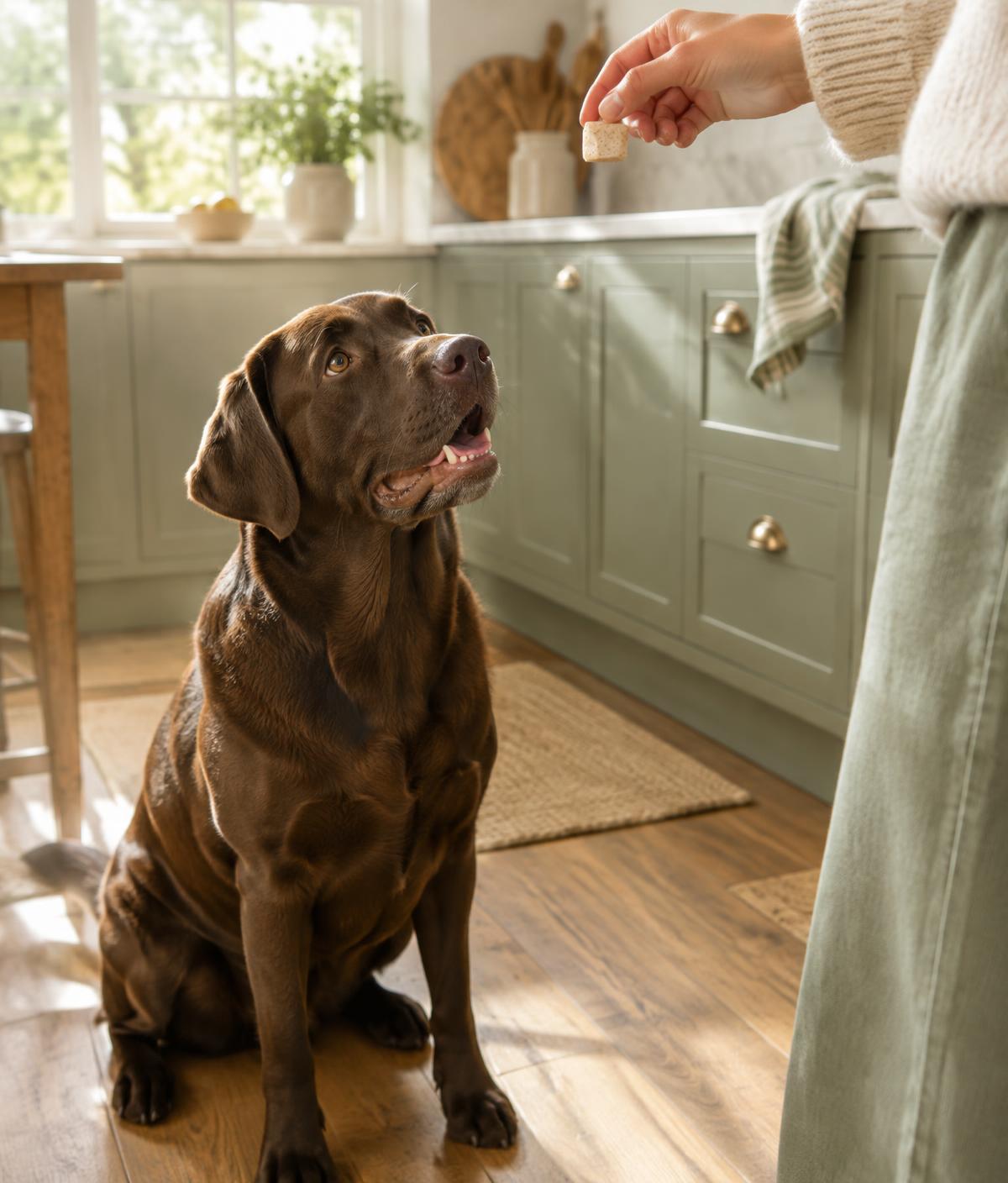 A chocolate Labrador sitting in a kitchen, looking up at a treat