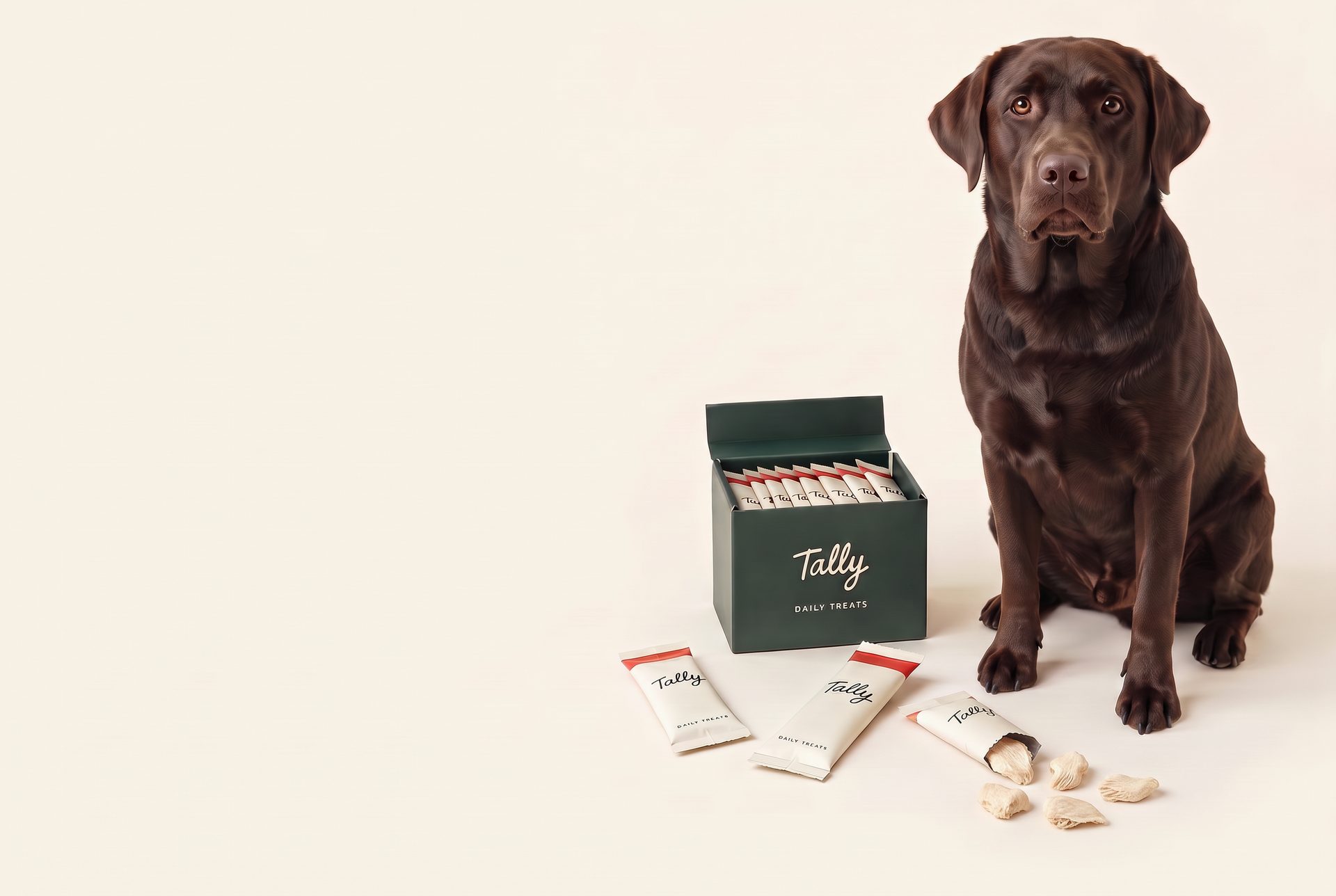 Tally concept packaging: daily treat sachets and a monthly box beside a chocolate Labrador Retriever