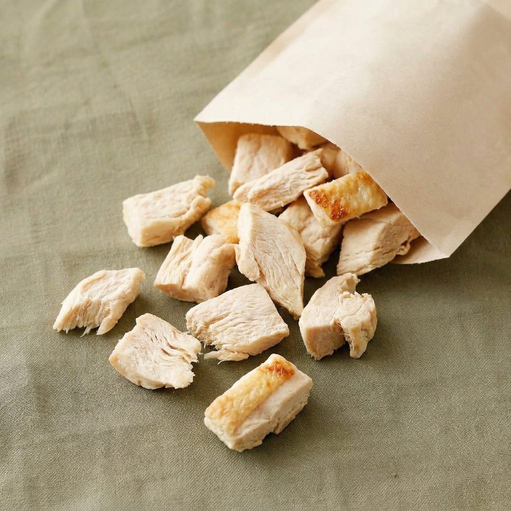 Freeze-dried treat cubes spilling from a plain sachet